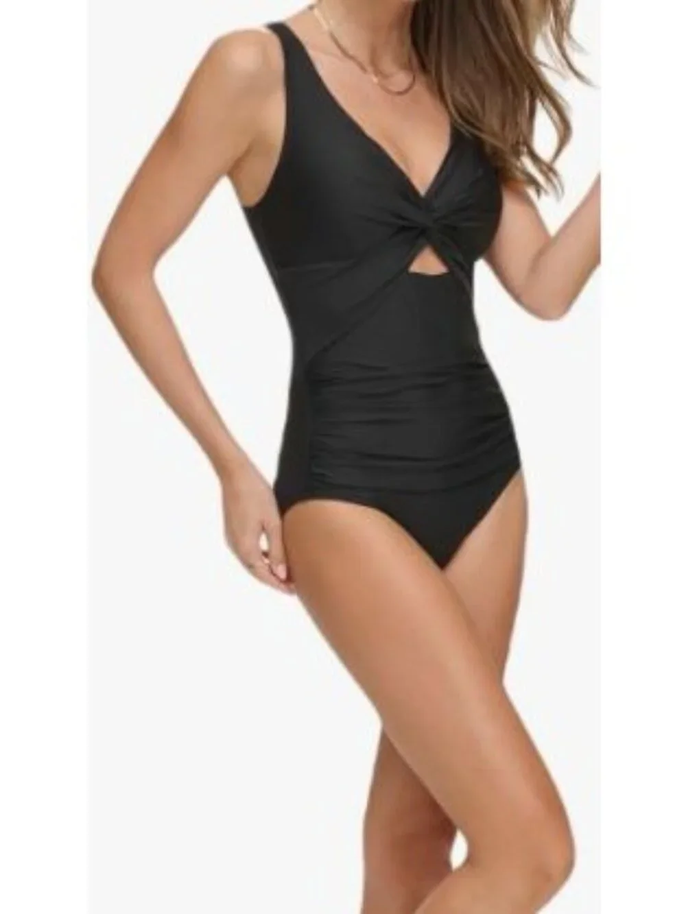 DKNY Shirred Keyhole Size Large Navy One Piece Swim Suit Padded NWT $80 - Picture 2 of 9